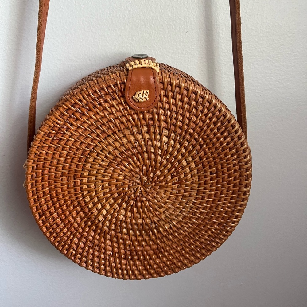 Vintage Wicker Straw Jute Crossbody Bag Canteen Purse Rattan Round Lining Preppy